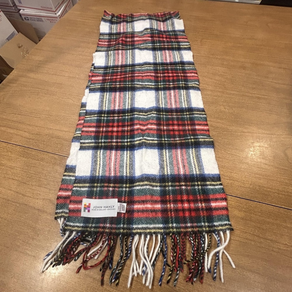 John Hanly Scarf Womens One Size Multicolor Plaid Lambswool Fringe Ireland